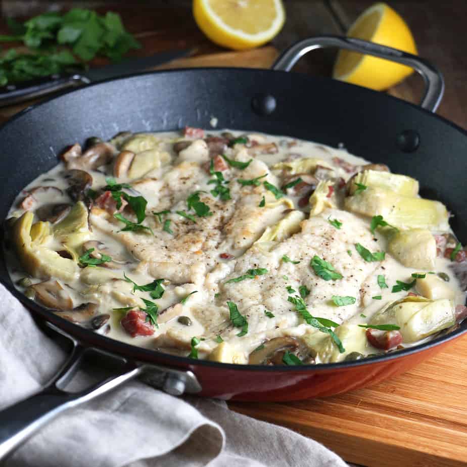 Turkey Scallopini, Mushrooms and Artichokes in Madeira Cream Sauce