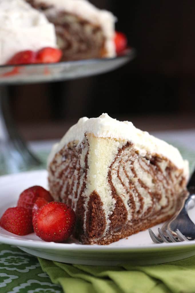 Zebra Cake with White Chocolate Buttercream and Strawberries