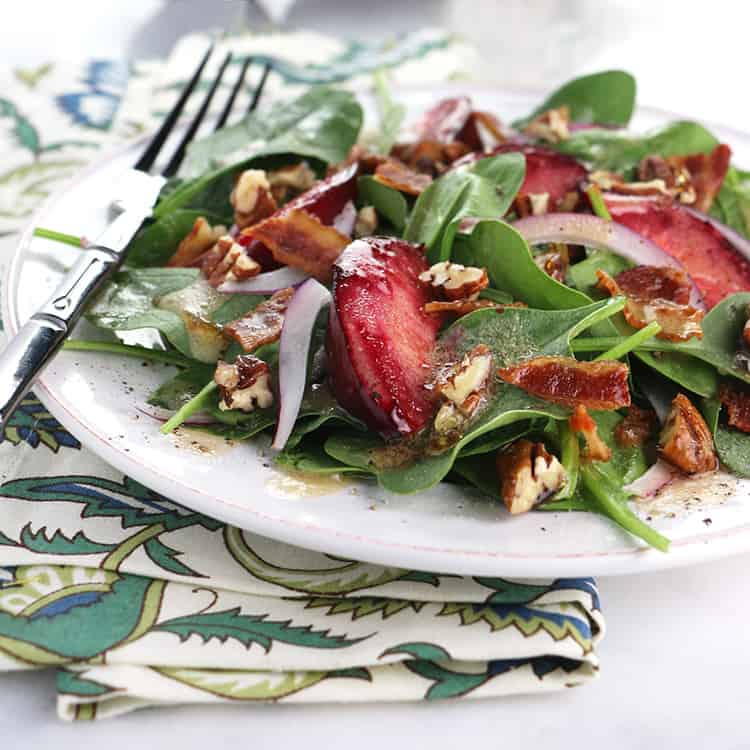 Roasted Plum Spinach Salad with Candied Pecans_sq